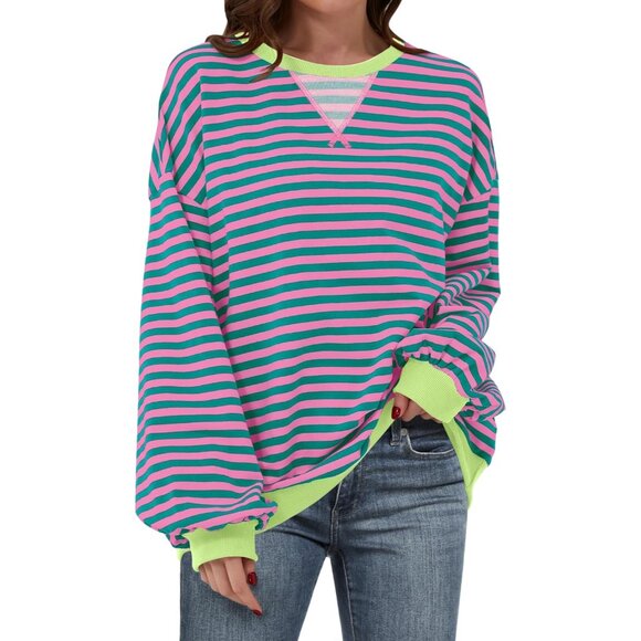 Tops - Women Striped Sweatshirt Oversized Crewneck Long Sleeve Casual Top